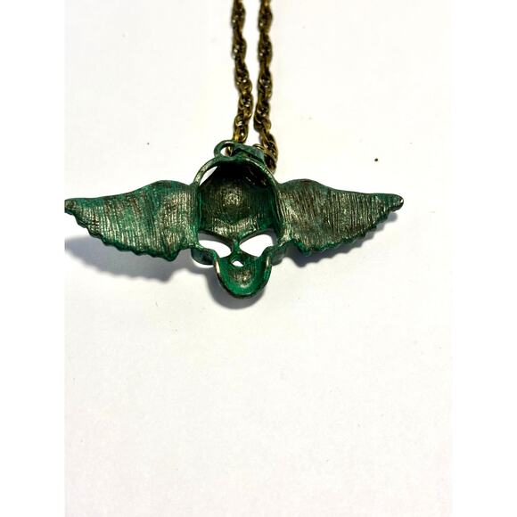 Winged Skull with Rhinestones, deep turquoise-tone, Gun metal chain Necklace - Picture 2 of 3